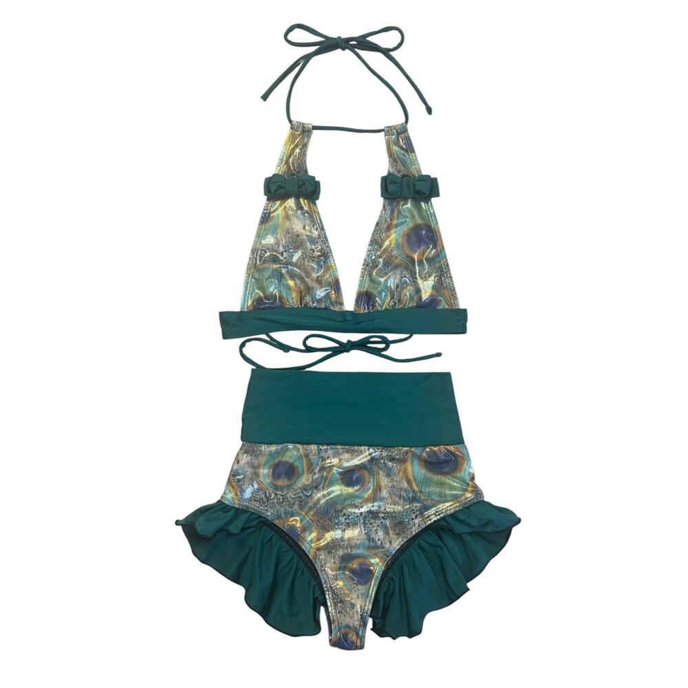 FABLES By BARRIE Custom Metallic Peacock Ruffled Festival Rave Party Bikini Sz S - Picture 2 of 9